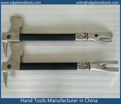 Pry axe with standard claw and metal cutting claw, rubber grip handle, nickle plated surface